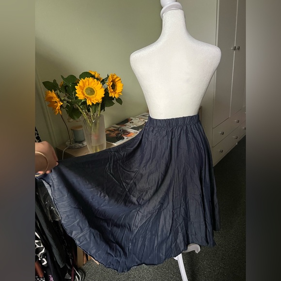 Blue Jean Dark Denim Modest Midi Elastic High-Waist Flare Knee-Length Skirt XS - Picture 5 of 16